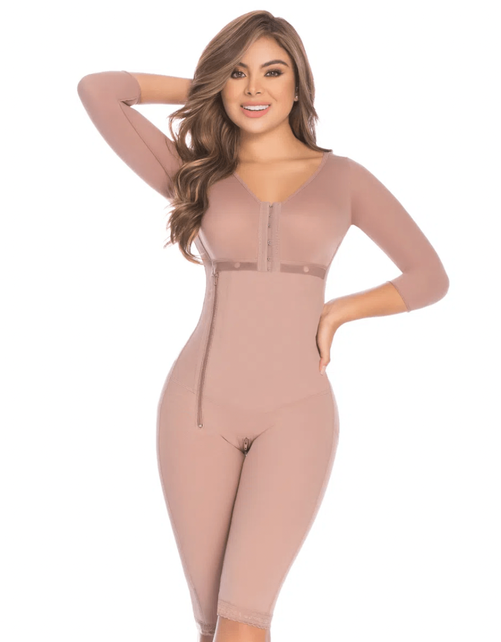 Cocoa Knee-legth Shapewear With Built-in Bra and Arm Sleeves